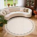 GarveeHome Scalloped Beige 6ft Round Rug Washable Non-Slip Soft Ultra-Thin Small Circle Modern Cottage Core Solid Carpet for Entryway Kitchen Bedroom Nursery Dining Room
