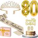 80th Birthday Decorations for Women Gold with 80th Birthday Sash and Tiara, Cake Topper and Candles, Number Balloons, 80 Year Old Gifts for Women