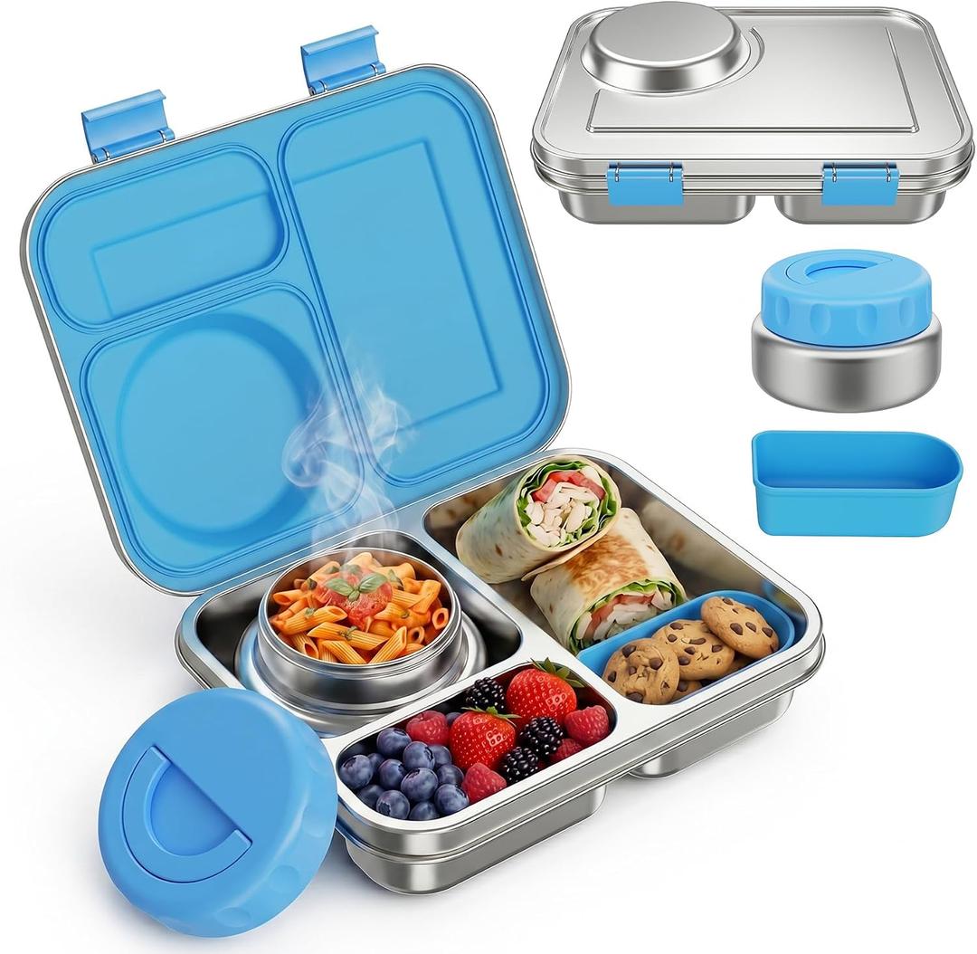 Stainless Steel Bento Lunch Box with 8oz Insulated Food Jar, 3 Compartment Metal Bento Lunch Container for Kids & Adults with Silicone Container and Food Thermo for Work & School, BPA-Free(Blue)