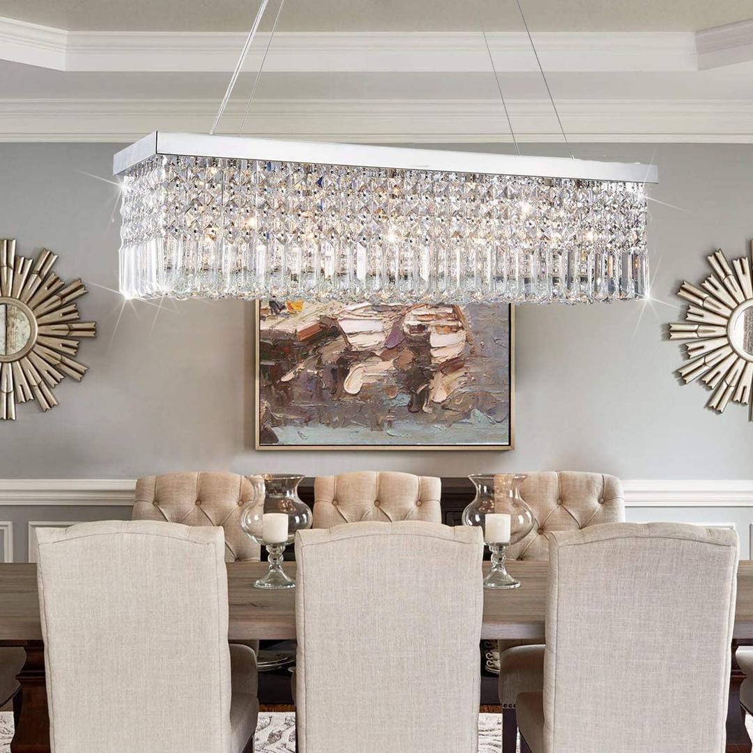 Rectangular Chandeliers for Dining Room, Modern Rain Drop Chandeliers, Hanging Pendant Crystal Chandelier Light for Kitchen Island, Beautiful Ceiling Light Fixture for Cafes Office of CRYSTOP (11-Silver L31.5" x W9.8" x H8.9")