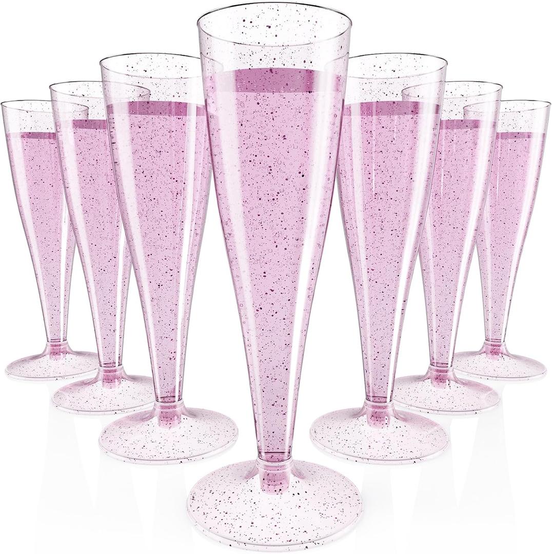 JOLLY CHEF 100 Pack Plastic Champagne Flutes Disposable 4.5 oz Purple Glitter Plastic Champagne Glasses Suitable for Wedding, Thanksgiving Day, Christmas