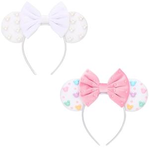 DRESHOW Mouse Ears Headbands for Women Plain White Pearl Mickey Ears Hairbands Bow Head Bands Velvet Head Band Cosplay Costume Princess Party Decorations Disney Trip (2 Pcs: White, Grey-pink)
