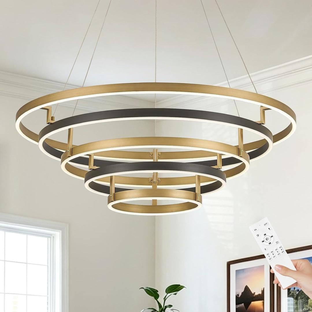 Benkut 5 Rings LED Chandelier Black Gold Dimmable Circular Pendant Light, 5 Rings 31 inches