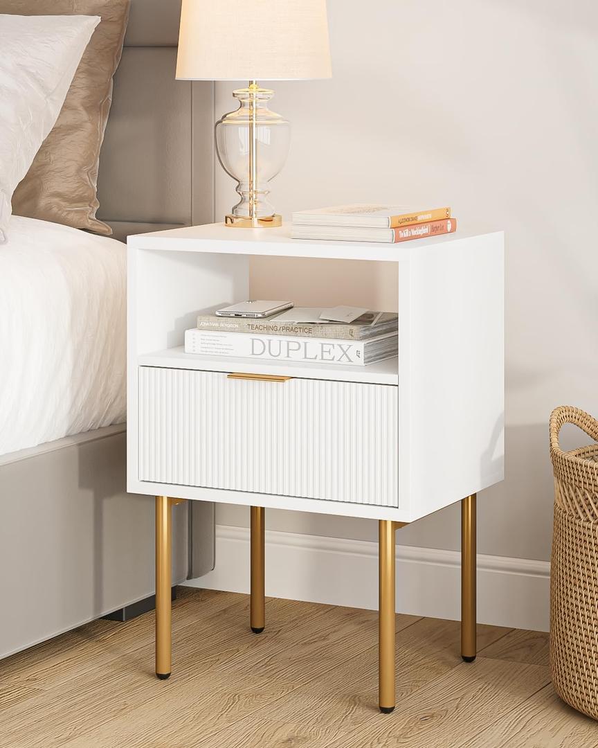 Masupu Nightstand,MidCentury Modern Bedside Table with Storage Drawer and Open Wood Shelf,Small Gold Frame Side Table for Bedroom,Living Room,White
