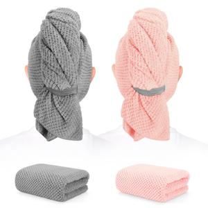 BEoffer 2 Pack Microfiber Hair Towel - 41 x 24 inches Super Soft, Absorbent, Fast Drying Without Frizz Hair Towel Wrap for Women Long, Thick, Curly Hair - Hair Turbans with Elastic Strap (Gray Pink)