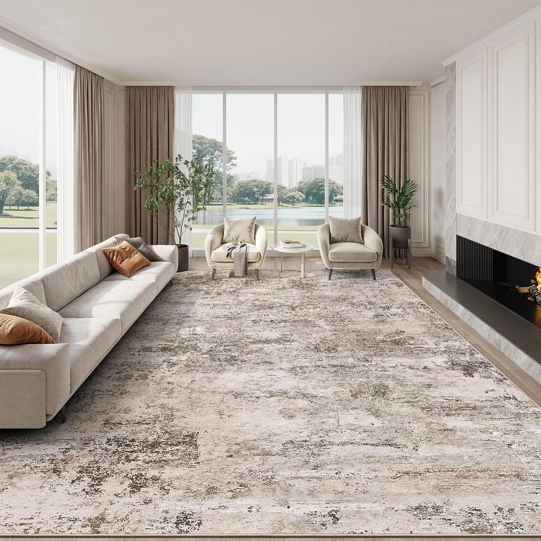 8x10 Area Rugs - Washable Rug for Living Room, Ultra-Thin Abstract Rug, Indoor Non-Slip Rug for Bedroom, Stain Resistant Large Area Rug, Super Soft Low Pile Rugs, Brown
