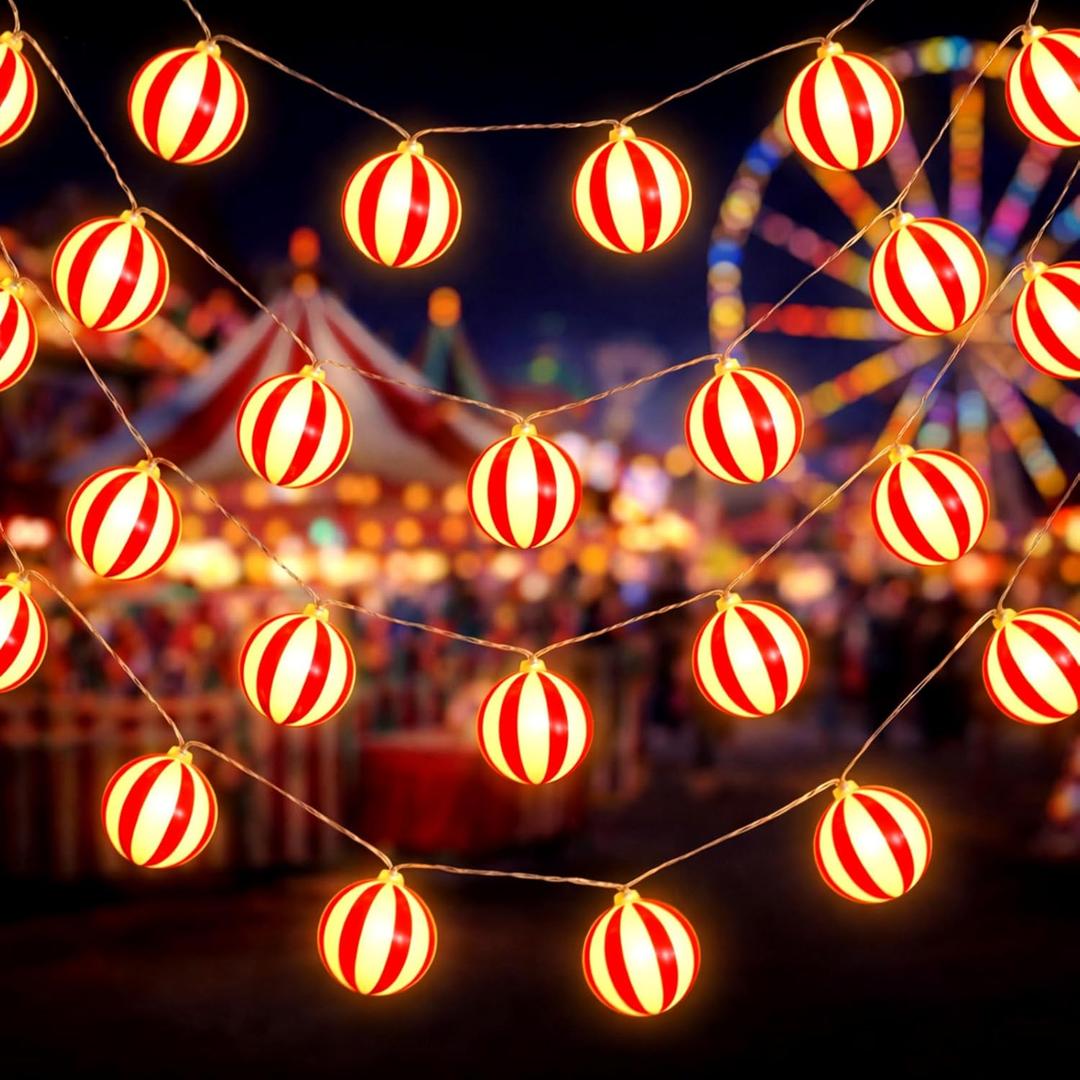 Deekin 30 ft Circus Carnival Party Decorations LED Red and White Striped Balls String Lights Battery Powered Carnival Circus Theme Decor with Extra Bulbs for Birthday Retro 70s Party