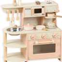 Wooden Kitchen Playset for Kids Ages 3-8, Pretend Play Kitchen for Toddlers with Realistic Design, Cooking Accessories, Coffee Maker, Oven, Microwave, Sink - Small