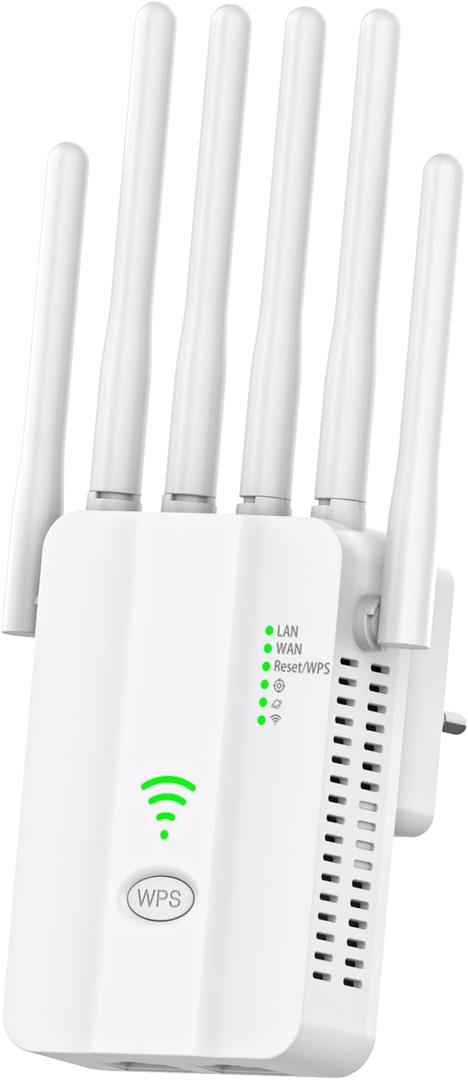 WiFi Extender, WiFi Extender Signal Booster, w/6 Antennas, 2 LAN Ports, Modes (Repeater, Router, AP), Coverage up to 8300 sq ft, for Home and Office, Easy Installationz