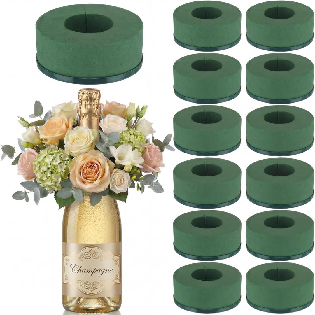 Wonderjune 12 Pcs Mini Floral Foam Holder for Wine Bottle Topper Green Flower Foam Round with Base Flower Arrangement Supplies for Wedding Party Table Decoration Wine Bottle Decor (3.9 x 1.8")