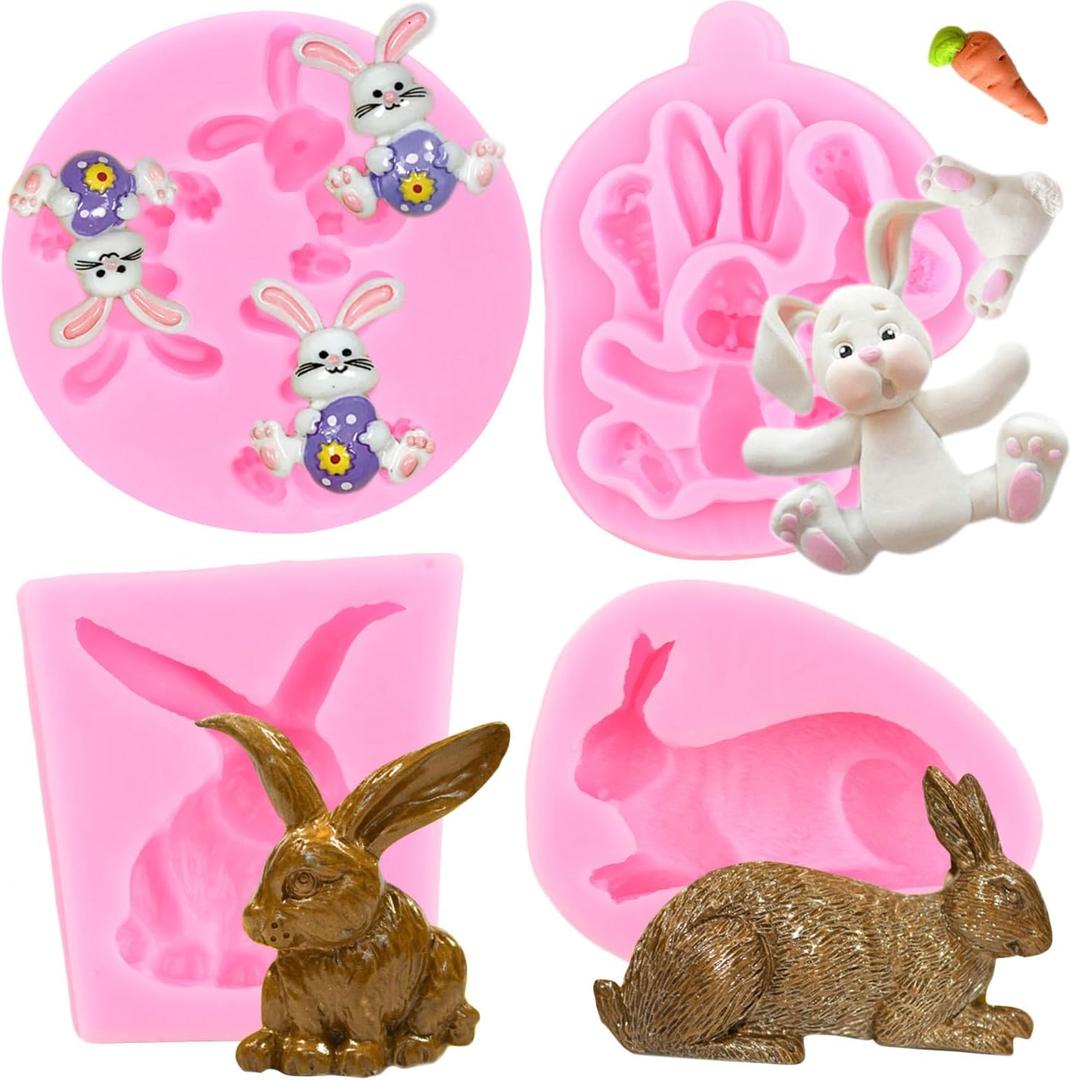 Easter Bunny Silicone Mold Rabbit Carrot Easter Silicone Molds Easter Egg Fondant Mold For Cake Decorating Cupcake Topper Chocolate Gum Paste Candy Polymer Clay, Set of 4