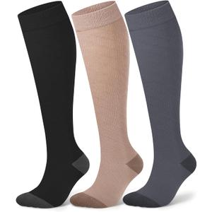Compression Socks for Women 15-20 mmHg, Viscose from Bamboo, 3-Pair Knee High for Flying, Work & All-Day Comfort (L)
