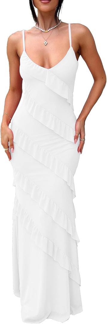 HOCILLE Women's Sexy V Neck Backless Bodycon Spaghetti Strap Elegant Ruffle Maxi Cocktail Party Dresses (Medium, White)