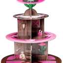 Haooryx Pink Western Cowgirl Cupcake Stand - 3 Tier Wild West Wooden House Barn Door Cupcake Tower Cardboard Dessert Holder for Western Cowgirl Theme Girls Birthday Party Baby Shower Table Supplies