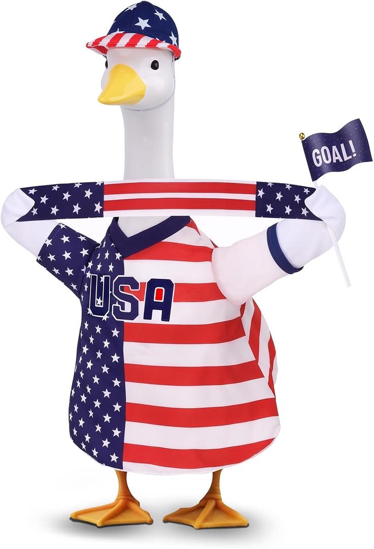 2 x 23” 4th of July Porch Goose Outfit, Sports Fan Porch Goose Outfits with Cap, Scarf and Flag, Patriotic Goose Clothes for Summer, Independence Day, Fans Football Party, Sports Season, Outdoor Lawn