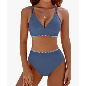 BMJL Women's Bikini Sets V Neck High Waisted Swimsuits Shell Stitched Cheeky Two Piece Bathing Suit L
