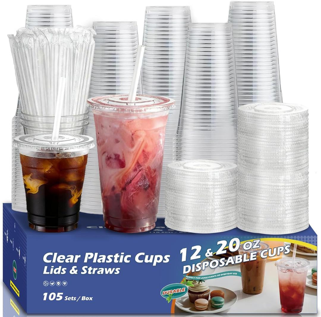 Plastic Cups 105 Sets of value packs,12 oz+20 oz Plastic Cups with Lids and Straws,Disposable Iced Coffee Cups with Lids,Clear To Go Cups For Smoothie,Cold Drinks