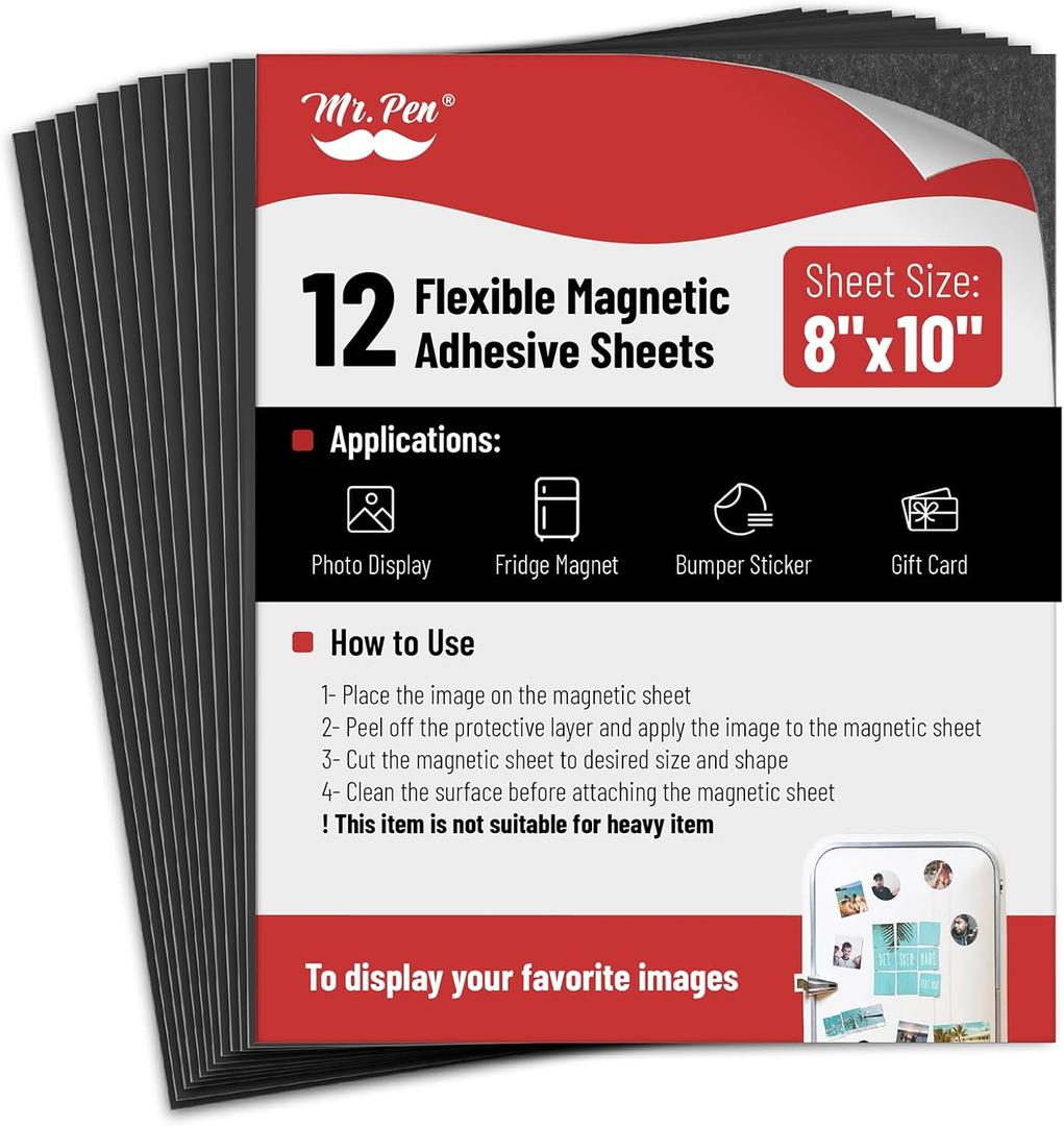 Mr. Pen- Adhesive Magnetic Sheets, 12 Pack, 8" x 10", Flexible Magnetic Paper Sheets with Adhesive Backing, Photo Magnets