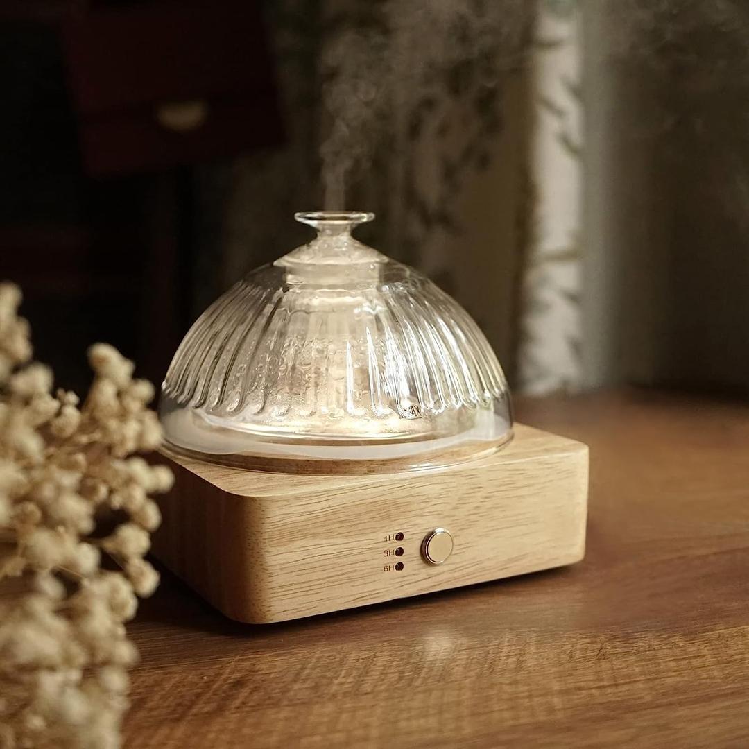 Glass Dome Essential Oil Diffuser with Glass Reservoir & Wood Base-No Plastic, 200ml Ultrasonic Diffuser for Aromatherapy with Timer 7 Color Light Auto-Off for Home Office Yoga Pilates (Yellow)