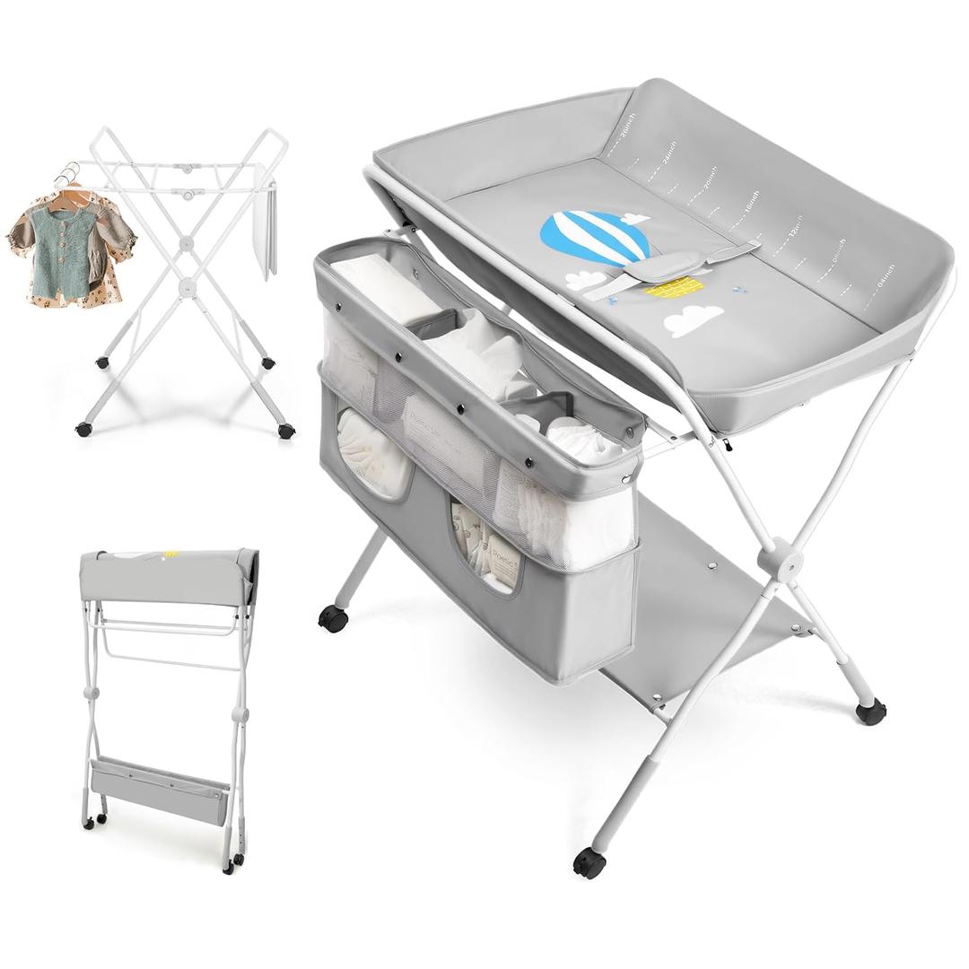 Lilian&Gema Portable Baby Changing Table with Wheels, 3-Level Adjustable Heights Folding Diaper Changing Station with Nursery Organizer&Large Storage Racks for Newborns&Infants