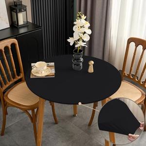 Fitted Black Round Tablecloth with Elastic 48 Inch Outdoor Table Cover Spandex Stretchy Solid Color Fabric Coffee Table Cloth for Party Wrinkle Free Non Slip