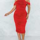 Women's Sexy Off Shoulder Sleeveless Bodycon Ruched Midi Elegant Cocktail Evening Party Night Tube Dresses (Red, L)
