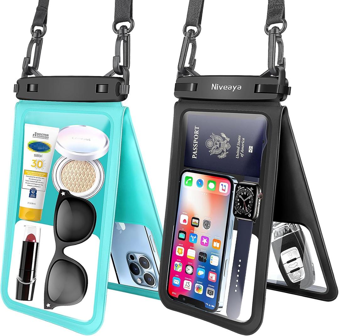 Niveaya [Up to 10.5"]Waterproof Phone Pouch - 2 Pack, Waterproof Phone Lanyard Case with iPhone 17/16/15/14/13 Pro Max up to 9.5", Phone Dry Bags for Vacation Beach Pool Kayak Cruise Travel Essentials (Black+ Teal)