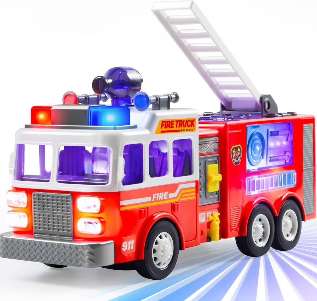 JOYIN LED Fire Truck Toy for Toddlers - LED Projections & Sirens, Bump and Go Fire Engine Trucks with Mode Switch & Volume Control, Kids Firetruck, Boy Toys, Christmas Birthday Gifts for Grandkids