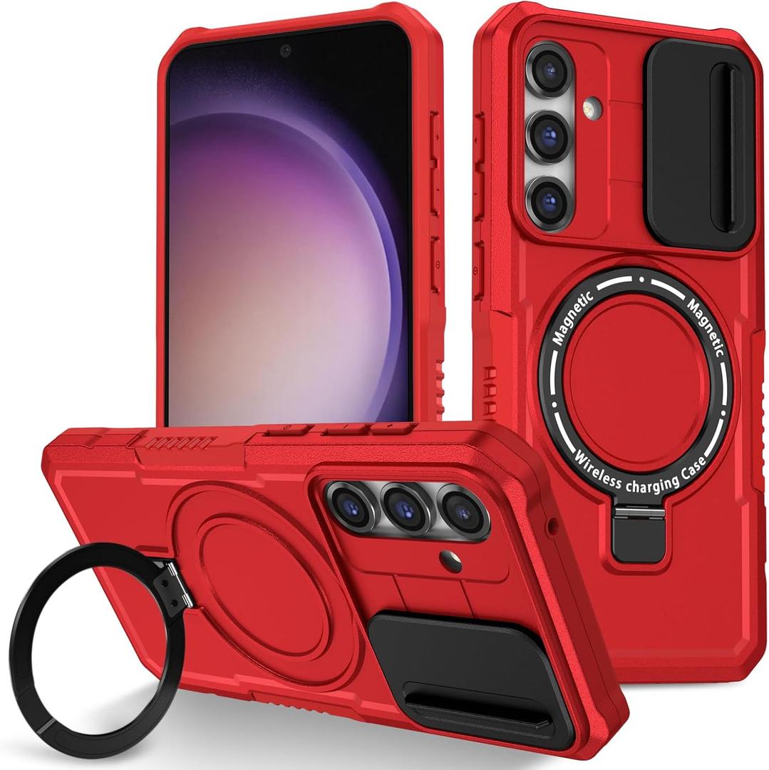 Phone Case for Samsung Galaxy S24 Plus Compatible with MagSafe with Magnetic Ring Stand & Camera Cover, Heavy Duty Rugged Silicone&PC Cover Military Grade Protective (Red)