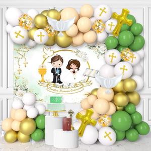 100Pcs Baptism Decorations for Twins, Nuestra Primera Comunion Backdrop Christening Party Decorations Green and Gold Balloon Garland Kit Baptism Christening Religious Party Baby Shower
