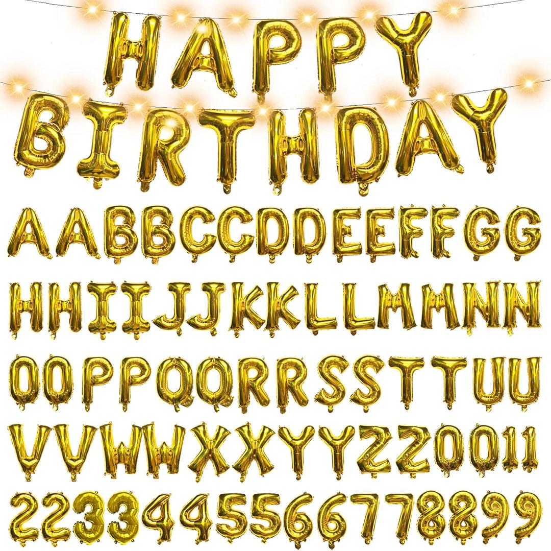[85 PCS] 16" Foil Personalized Name Happy Birthday Balloons Letters, Mylar Aluminum Custom Name and Age Letter Balloons, 2 Sets A- Z & 0-9 for Birthday Party Graduation, Mother's Day Event (Gold)