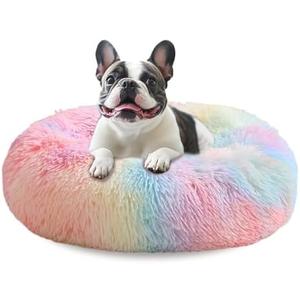 JOLLYVOGUE Calming Dog Bed Medium Size Dog, 31in Donut Washable Medium Pet Bed, Anti-Slip & Anti-Anxiety Fluffy Faux Fur Round Dogs Bed, Fits up to 45 lbs Pets (Rainbow)