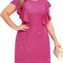 ZOMVA Plus Size Sparkly Shift Dress Wing Ruffle Sleeve Round Neck Short Glitter Dresses Wedding Guest Cocktail Party (Pink, Large)