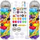Gejoy 2 Set 80s 90s Balloon Column Stand Kit with 153 Pcs Disco Balloons 19 Pcs 80s 90s Cards 6.5 ft Adjustable Tower Pillar with Metal Telescopic for Disco Party Decorations
