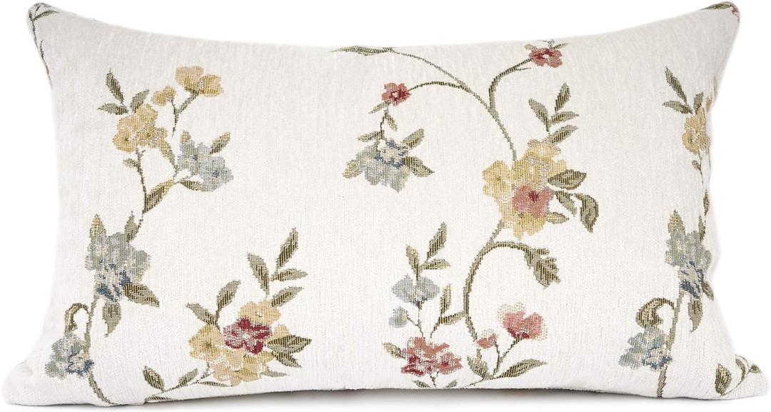 YOUR SMILE Classical Embroidery Jacquard Farmhouse Oblong Rectangle Chenille Beige Floral Pattern Decorative Throw Pillow Case,12x20 inch (White)