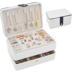 KOOAAICCHI Small Jewelry Box, Travel Jewelry Organizer, Portable Jewelry boxes for Women Girls Gift, Double Layers PU Leather Jewelry Holder for Rings, Earrings, Necklaces-White