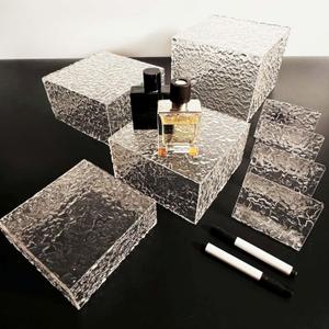 4PCS Buffet Risers Display Stands with 4PCS Mini Signs,Acrylic Cube Display Risers with Hollow Bottom, 1 Set (6, 6.5, 7, 8)" (Transparent, 1 Set ( 6'',6.5'',7'',8'' ))