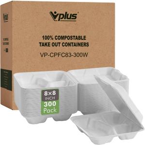 Vplus 300 PACK 100% Compostable Clamshell Take Out Food Containers, 8 inch x 8 inch Eco-Friendly Disposable, 3 Compartment, Heavy-Duty Bagasse To-Go Containers for Next Day Lunch, Potluck Party