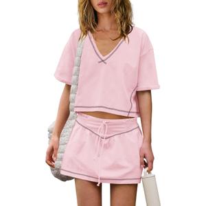 LAMISSCHE Womens 2 Piece Workout Sets Athletic Gym Sets Crop Top And Skirt With Shorts Set Activewears (Medium, Pink)