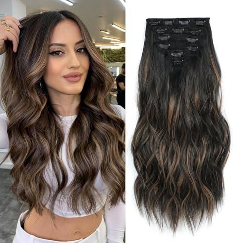 Fliace Synthetic Clip in Hair Extensions, 6PCS Natural &Soft Hair& Blends Well Lonng Wavy Hairpieces(20inch,6pcs, Black&Dark mix light brown)