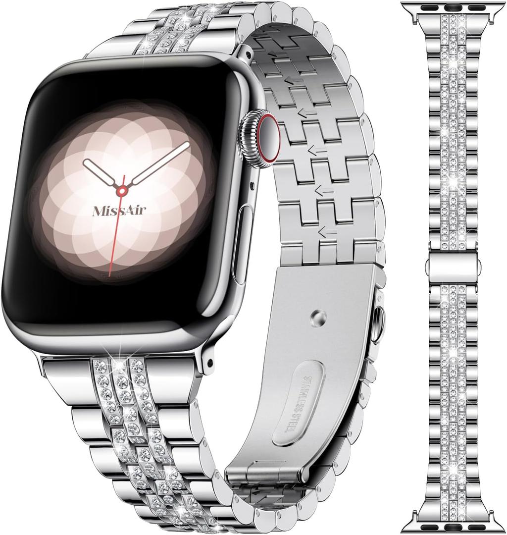 Missair Bling Bands Compatible With Apple Watch Band 38mm 40mm 41mm 42mm 44mm 45mm 46mm 49mm Women, Upgraded Buckle Replacement Bracelet Metal Strap for iWatch Series 11 10 9 8 7 6 5 4 3 SE Ultra (Silver)