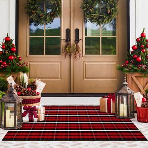 KIMODE Christmas Door Mat Outdoor 24"X51",Red/Black Buffalo Plaid Rug,Washable Cotton Hand-Woven Layered Door Mats,Reversible Outdoor Christmas Decor for Front Porch,Entryway,Kitchen