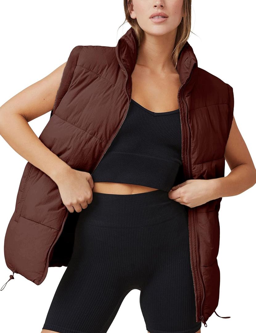Athlisan Womens Zip Up Puffer Vest Stand Collar Sleeveless Padded Jacket Coat (Brown)