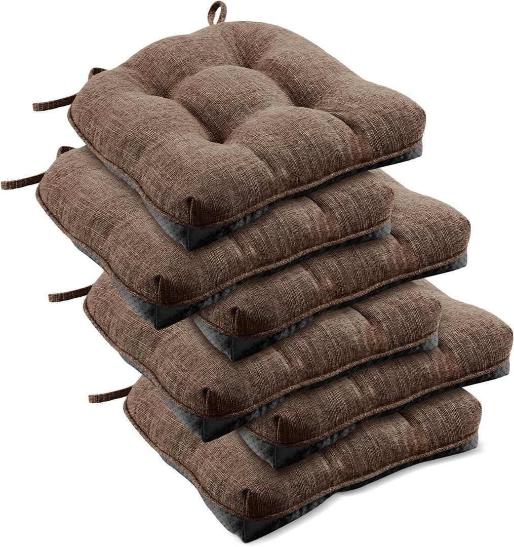downluxe Indoor Chair Cushions for Dining Chairs, Tufted Overstuffed Textured Foam Kitchen Chair Pads with Ties and Non-Slip Backing, 15.5" x 15.5" x 4", Brown, 6 Pack