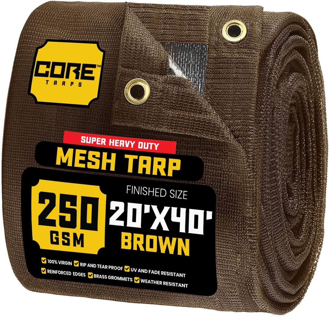 Core Tarps 60% Brown Shade Cloth with Grommets - 20 X 40 FT Heavy Duty Mesh Tarp - Sun Shade Cloth for Garden Vegetables Plants Greenhouse Outdoors Backyard Fences Dump Trucks Patio Mesh Shade Tarp