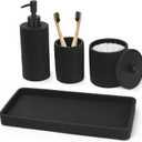 Black Bathroom Accessories Set 4 Pcs - Toothbrush Holder,Lotion Soap Dispenser,Qtip Holder Dispenser,Vanity Tray for Countertop Vanity Organizer,Bathroom Accessory Set