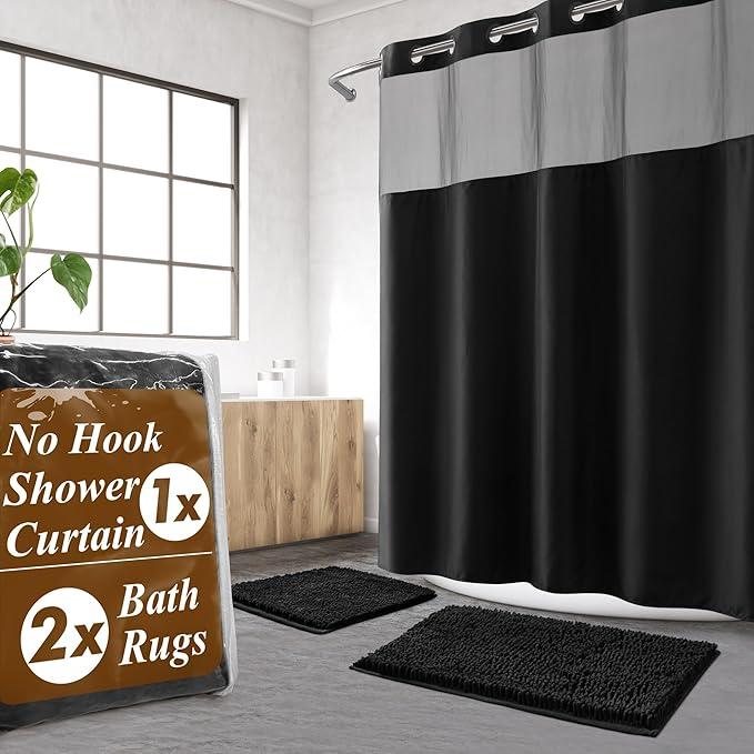 3 Pcs No Hook Beige Shower Curtain Set with Chenille Bath Rugs - 71" x 74" Shower Curtain with Snap-in Fabric Liner & Non-Slip Water Absorbent Bathroom Mats Set Accessories Black 3 Pcs No Hook Beige Shower Curtain Set with Chenille Bath Rugs - 71" x 74" Shower Curtain with Snap-in Fabric Liner & Non-Slip Water Absorbent Bathroom Mats Set Accessories Black