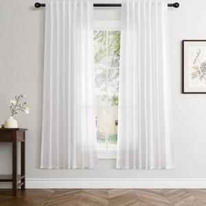 Linen White Curtains 63 inches Long for Bedroom Back Tab Privacy Light Filtering Semi Sheer White Boho Farmhouse Curtain Textured Modern Elegant Coastal Decor Curtains for Living Room