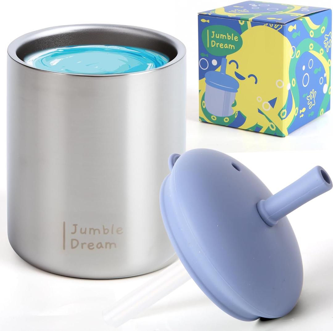 Jumble Dream Straw Cup for Toddlers 1-3 Double Wall Insulated Spill Proof Sippy Cup 7.4oz BPA Free Stainless Steel Cup for Toddlers 1-3, 2-4 Years Dishwasher Safe Transition Cup Blue Moon