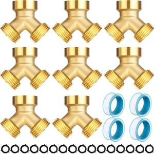 JaGely 8 Pack Garden Hose Splitter 2 Way Heavy Duty Brass Hose Spigot Adapter Y Valve Garden Hose Connector 3/4" Inch Thread Splitter Adapter with 16 Rubber Hose Washers
